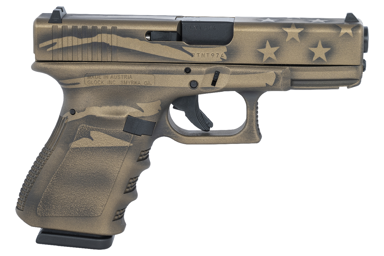 Glock 19 Gen3 9mm Pistol with Coyote Battle Worn Flag Cerakote Finish For Sale Europe