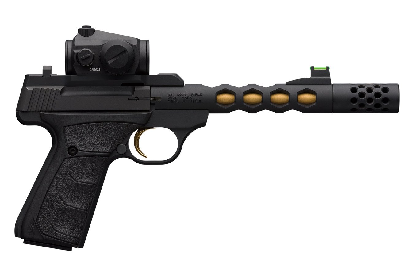 Browning Buck Mark Vision 22 LR Pistol with Black/Gold Barrel and Vortex Crossfire Red Dot For Sale Europe