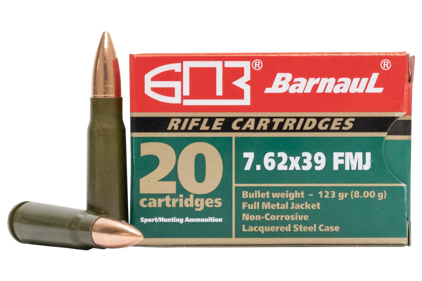 Barnaul 7.62x39 123 gr FMJ Lacquered Steel Case 20/Box For Sale Europe